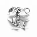 surfboard with lilo stitch and lilo's sister watching from above. Drawing only the outline tattoo design idea