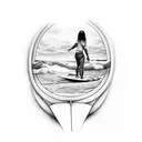 surfboard with lilo stitch and lilo's sister watching from above. Drawing only the outline tattoo design idea