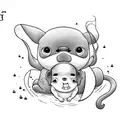 surfboard with lilo stitch and lilo's sister watching from above. Drawing only the outline tattoo design idea