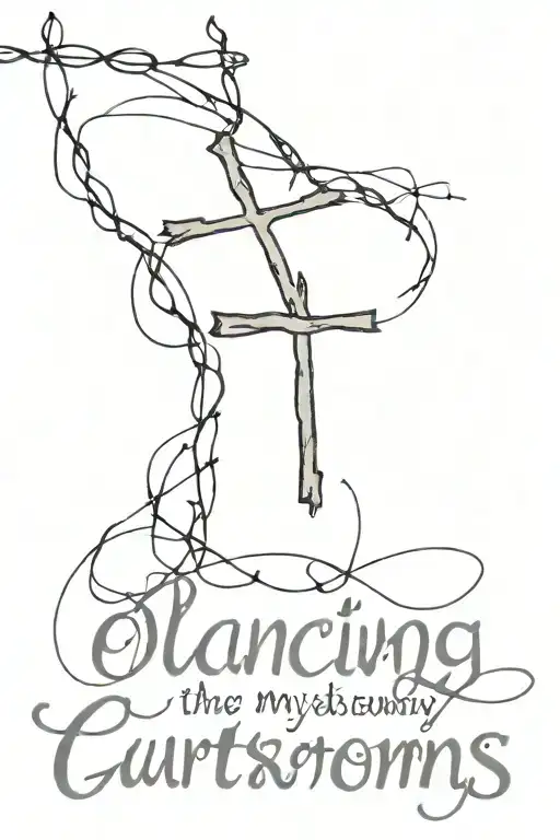 the quote Dancing through my storms in cursive with a barbed wire cross  tattoo design idea