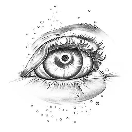 An eye with water droplets reflecting a beautiful landscape tattoo design idea