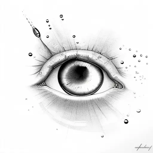 An eye with water droplets reflecting a beautiful landscape tattoo design idea