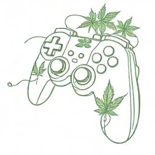 A video game controller intertwined with a cannabis plant and music notes tattoo design idea