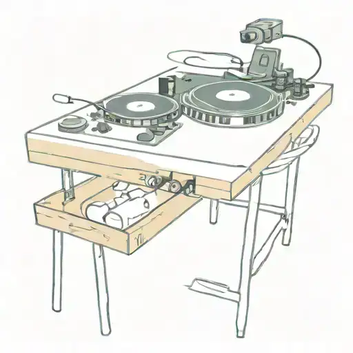 Professional DJ decks on a kitchen bench in a manga panel in a lo-fi style tattoo design idea