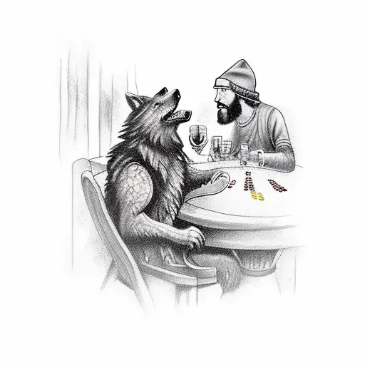 Mountain man and a dire wolf play poker with a bottle of whiskey in an old mountain cabin tattoo design idea
