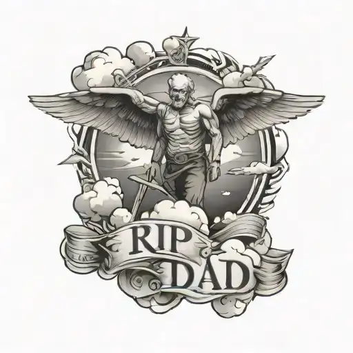 rip dad with clouds and angles flying tattoo design idea