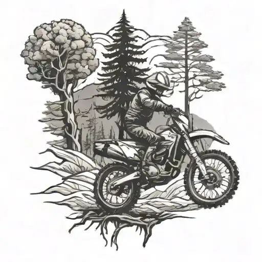 trees and mountains background, dirt bike in the front, cowboy hat hanging on a tree tattoo design idea