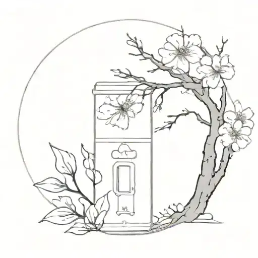 A minimalist tattoo design of a horror movie poster with sakura blossoms in the background tattoo design idea