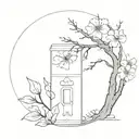 A minimalist tattoo design of a horror movie poster with sakura blossoms in the background tattoo design idea
