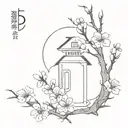 A minimalist tattoo design of a horror movie poster with sakura blossoms in the background tattoo design idea