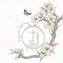A minimalist tattoo design of a horror movie poster with sakura blossoms in the background tattoo design idea