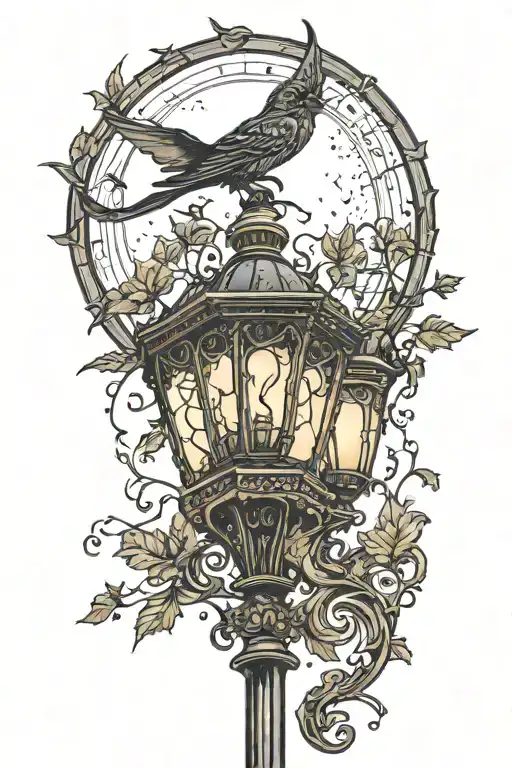 old victorian street lamp with a vine wrapping around it. In the background is a large crescent moon with bats flying  tattoo design idea