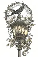 old victorian street lamp with a vine wrapping around it. In the background is a large crescent moon with bats flying  tattoo design idea