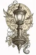 old victorian street lamp with a vine wrapping around it. In the background is a large crescent moon with bats flying  tattoo design idea