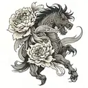 Asian peony flowers, a horse, and a dragon wrapped tightly tattoo design idea
