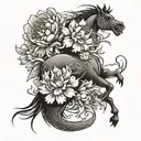 Asian peony flowers, a horse, and a dragon wrapped tightly tattoo design idea