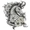 Asian peony flowers, a horse, and a dragon wrapped tightly tattoo design idea