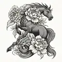 Asian peony flowers, a horse, and a dragon wrapped tightly tattoo design idea