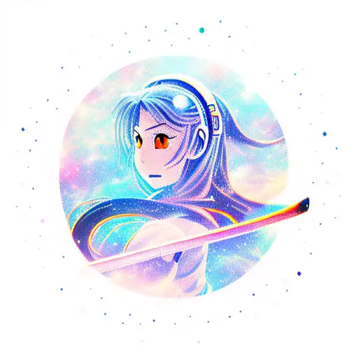 Galactic space anime girl samurai with a sword on a background of swirling galaxies tattoo design idea