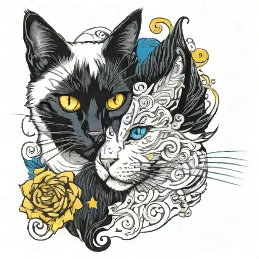 black and white cat male whith yellow eyes and a white cat female with blue eyes  tattoo design idea