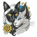 black and white cat male whith yellow eyes and a white cat female with blue eyes  tattoo design idea