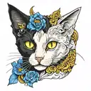 black and white cat male whith yellow eyes and a white cat female with blue eyes  tattoo design idea