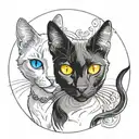 white and black male cat whith yellow eyes and a female cat white with blue eyes tattoo design idea