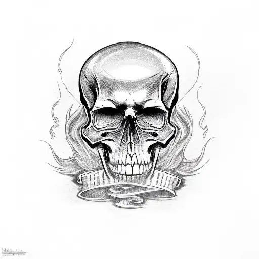 flaming skull with the word brotherhood tattoo design idea