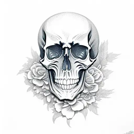 flaming skull with flower's  tattoo design idea