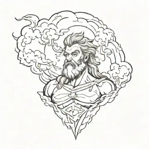 Central Element Zeus:Positioned slightly towards the top center,Holding a lightning bolt with storm clouds and thunderbo tattoo design idea