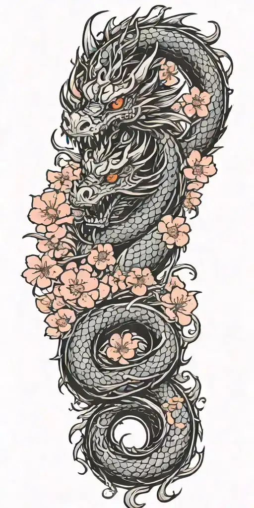A dragon breathing fire while surrounded by Japanese cherry blossoms tattoo design idea