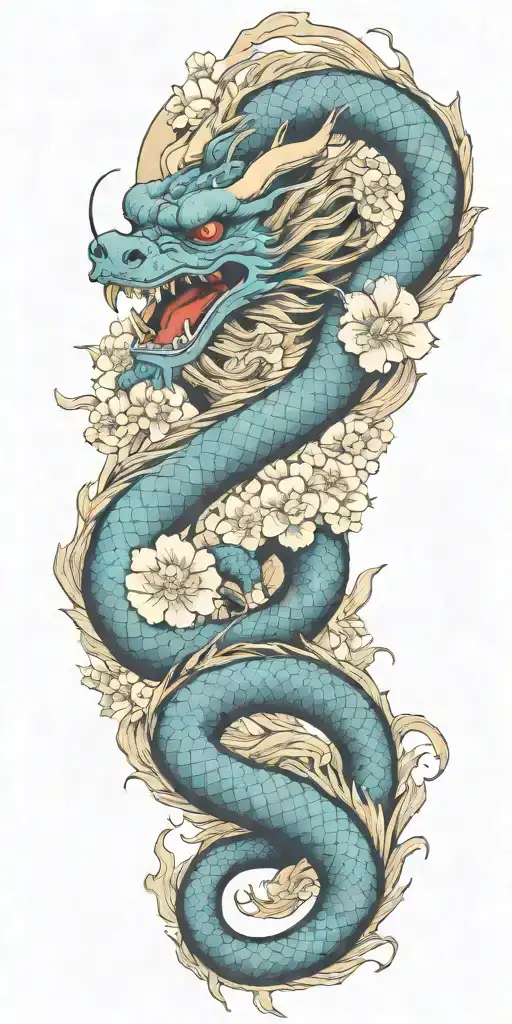 A japanese dragon wapping arm and biting neck outline with sun tattoo design idea