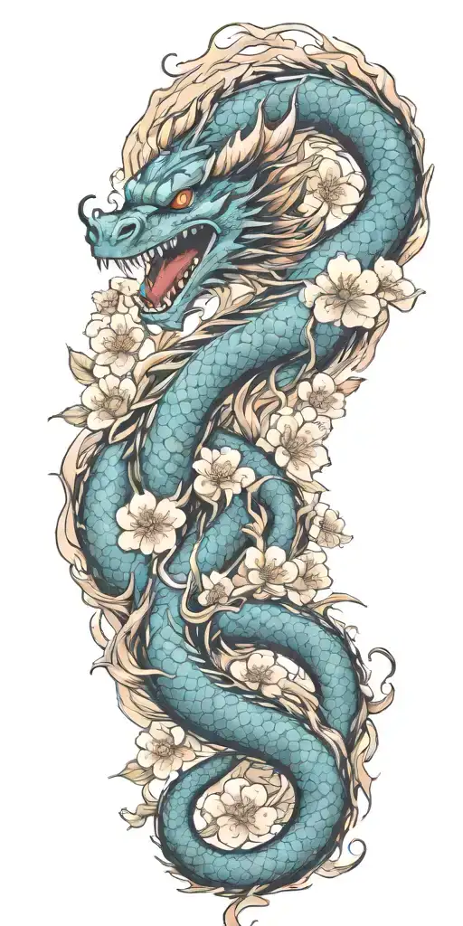 A dragon breathing fire while surrounded by Japanese cherry blossoms tattoo design idea