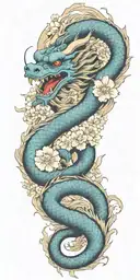 A japanese dragon wapping arm and biting neck outline with sun tattoo design idea