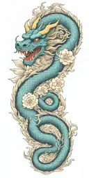 A japanese dragon wapping arm and biting neck outline with sun tattoo design idea