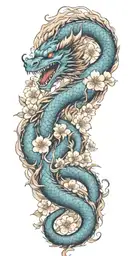 A dragon breathing fire while surrounded by Japanese cherry blossoms tattoo design idea