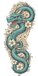 A dragon breathing fire while surrounded by Japanese cherry blossoms tattoo design idea