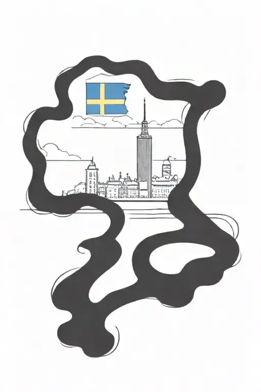 swedish flag and stockhold skyline silhouette tattoo design idea