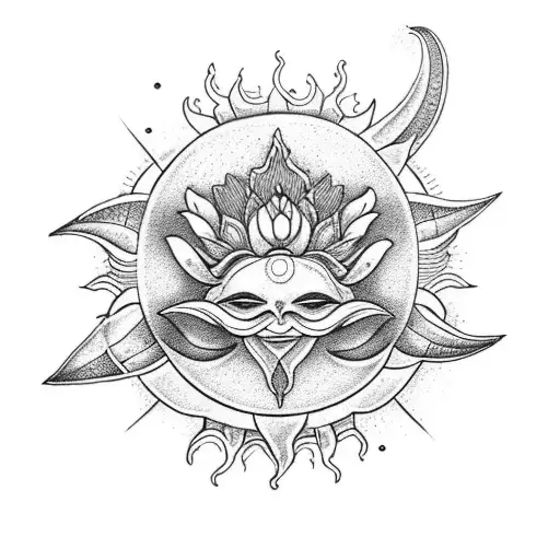 A sun and moon design incorporating the lotus and orchid flowers, symbolizing the balance of masculine and feminine energies tattoo design idea