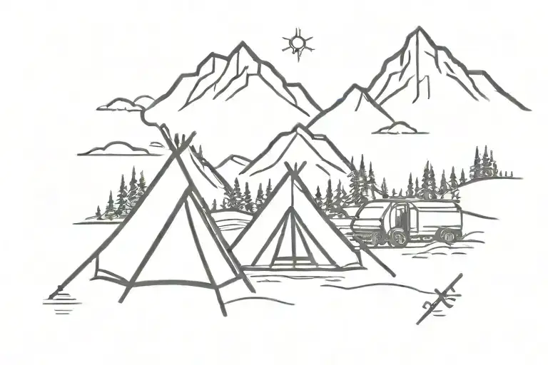 Mountain Range Background with several peaks, dual purpose motorcyle in foreground next to a A-frame tent and campfire tattoo design idea