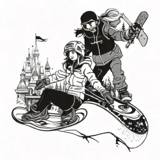 A snowboarding couple with a Disneyland background tattoo design idea