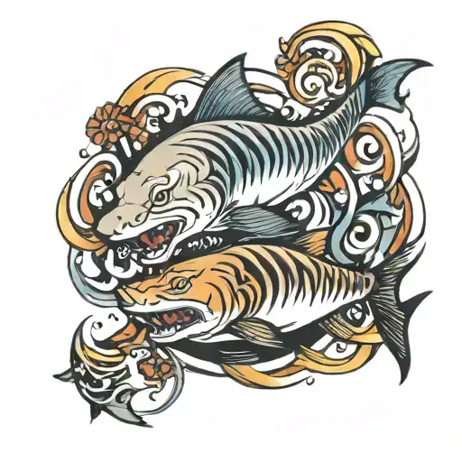 Tiger shark and pisces, ying yang symbol made tattoo design idea