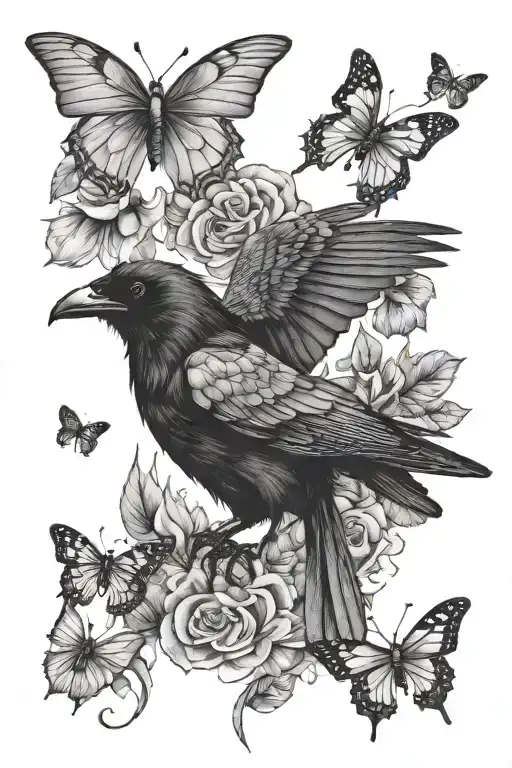 A crow chasing butterflies  tattoo design idea