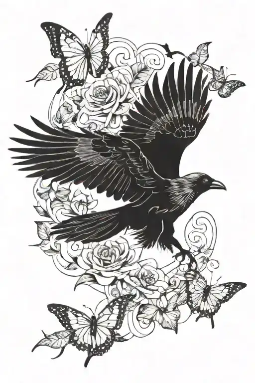A crow flying and chasing butterflies  tattoo design idea