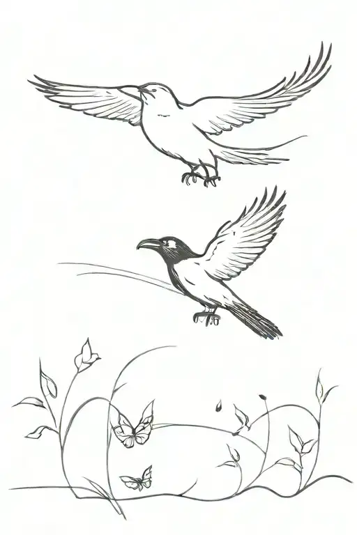 A crow flying and chasing butterflies  tattoo design idea