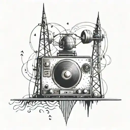 An intricate dotwork tattoo of a radio tower with sound waves emanating from it, symbolizing the connection between music and technology tattoo design idea