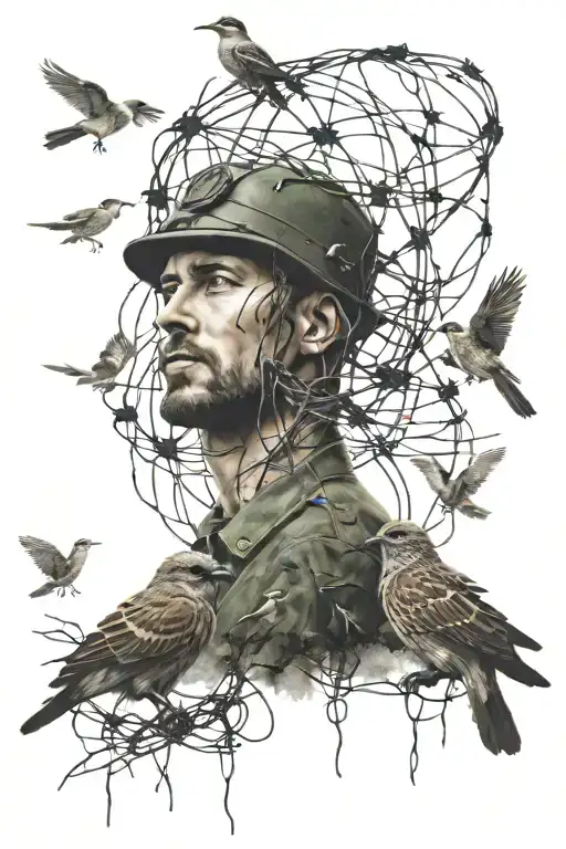 military service, barbed wire, martyrs, birds tattoo design idea