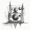 An intricate dotwork tattoo of a radio tower with sound waves emanating from it, symbolizing the connection between music and technology tattoo design idea