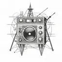 An intricate dotwork tattoo of a radio tower with sound waves emanating from it, symbolizing the connection between music and technology tattoo design idea