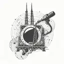 An intricate dotwork tattoo of a radio tower with sound waves emanating from it, symbolizing the connection between music and technology tattoo design idea